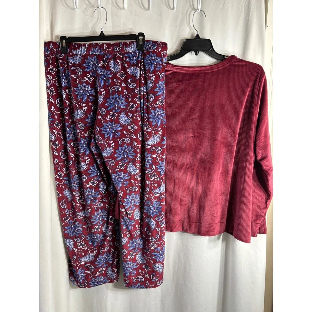 Croft & Barrow Womens Pajama Set Sleepwear‎ Burgundy Floral Pants V-Neck Top XL